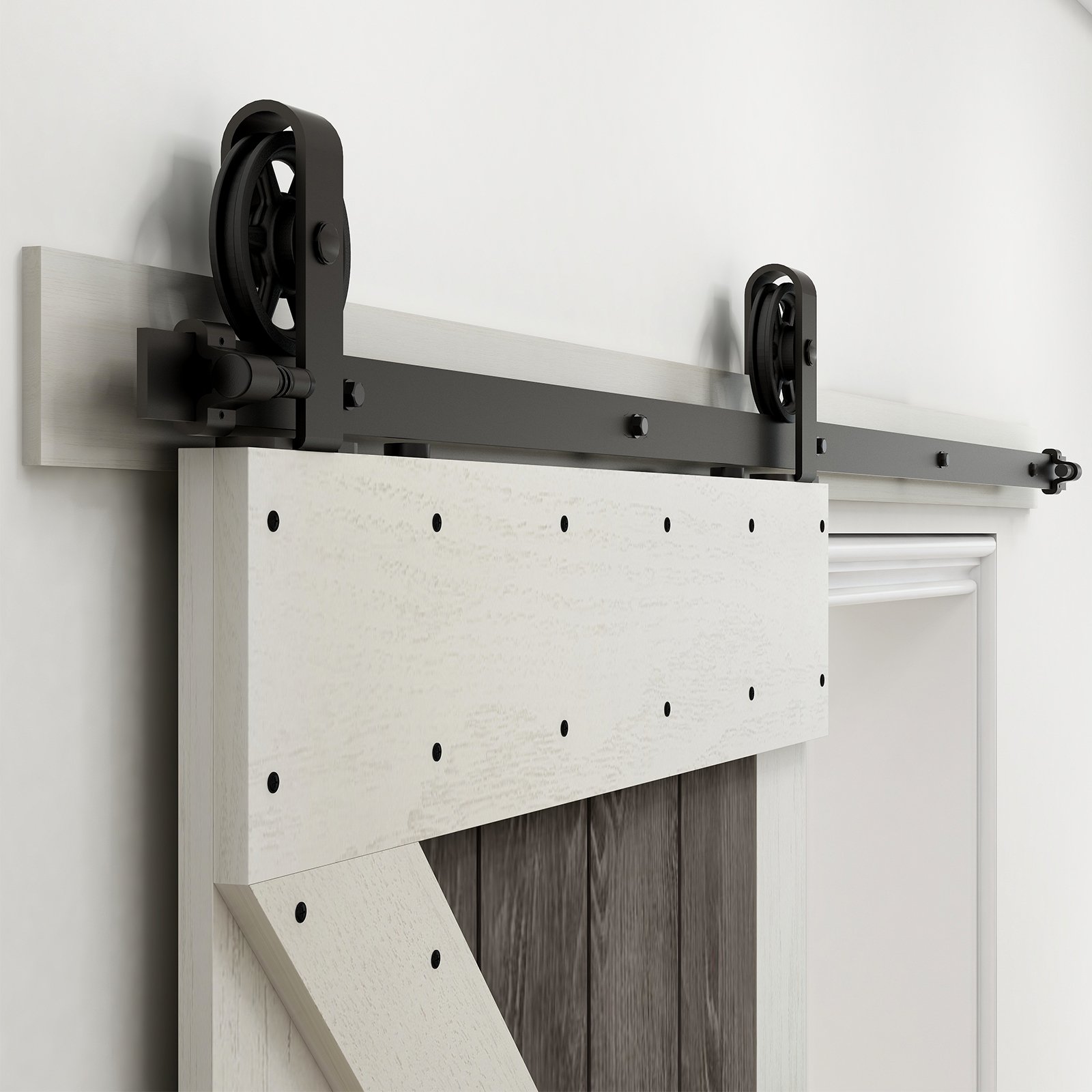 Ccjh 4-16FT Sliding Barn Door Hardware Kit – Single Door Medium Wheel Roller Set In Black Aluminum
